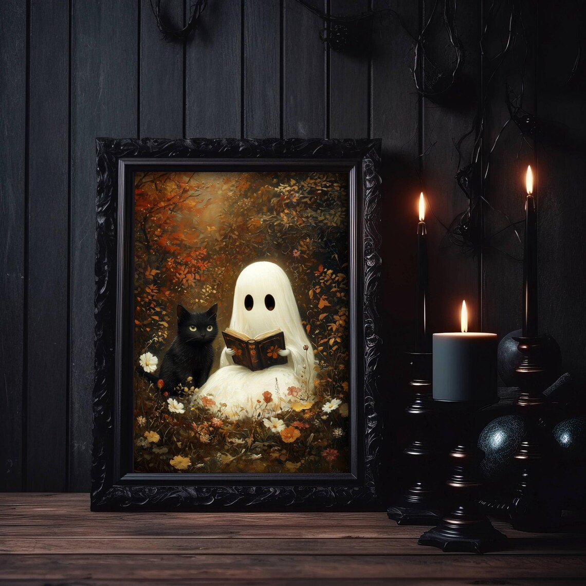 Cute Ghost Reading With Black Cat, Whimsigoth Poster - Image 5