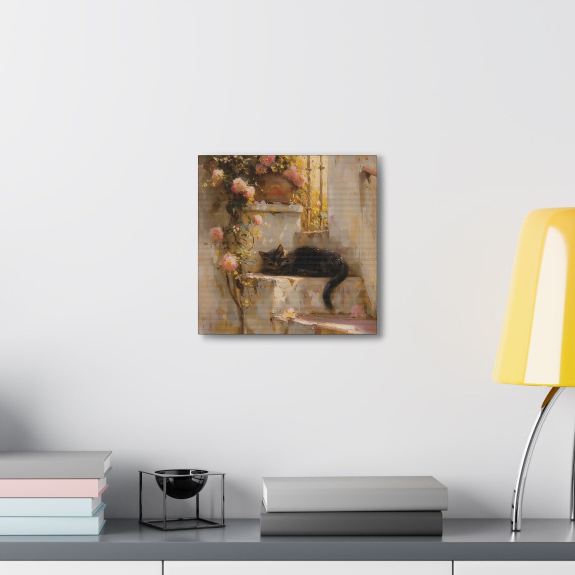 Black Cat Sleeping on Stone Steps With Pink Flowers Impressionist Poster - Image 6