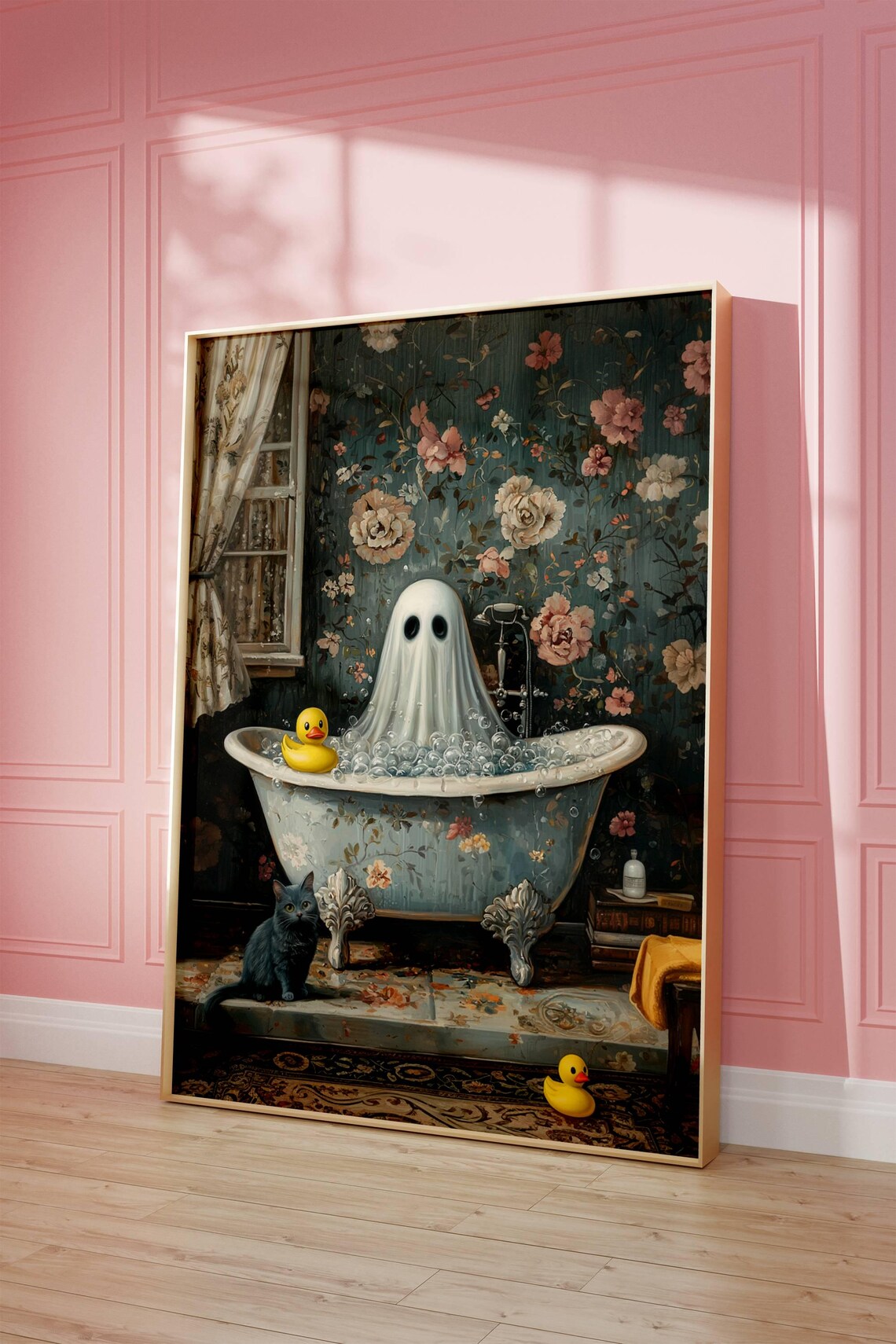 Ghost With Rubber Duck Bath Art, Gray Cat Print - Image 2