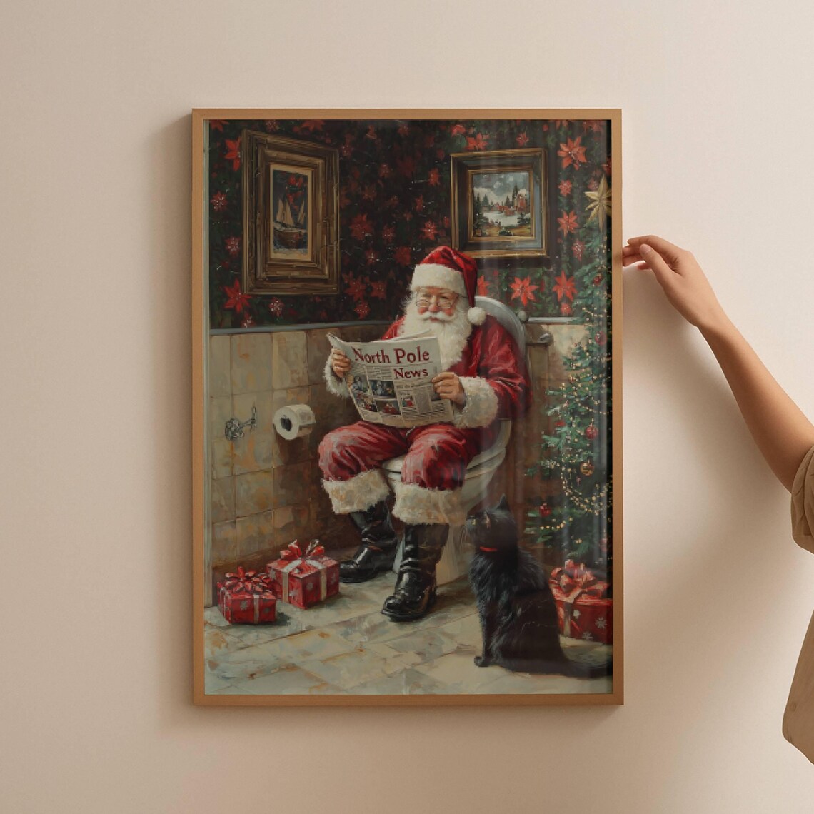Santa Reading North Pole News in a Christmas Bathroom With Cat Poster - Image 6
