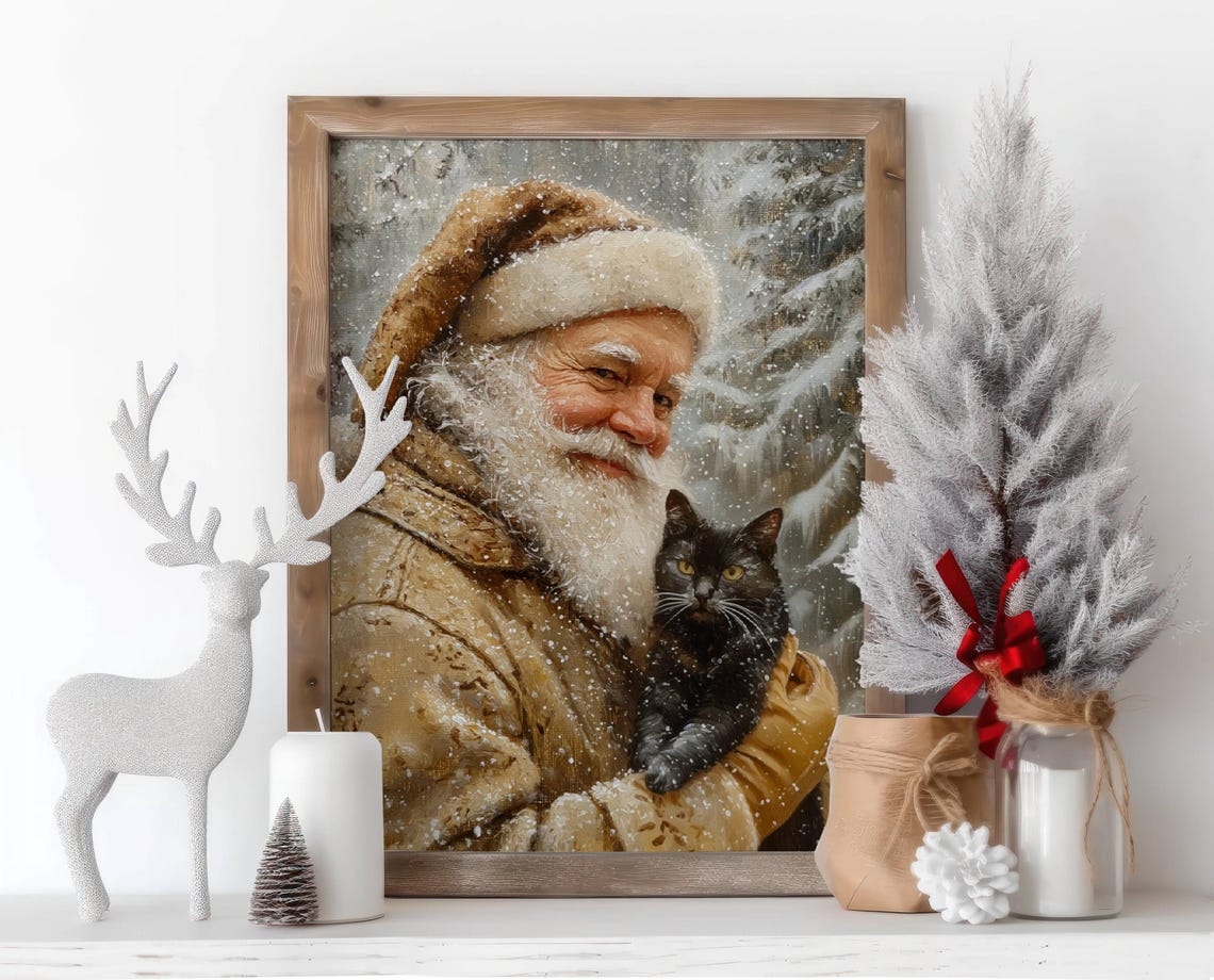 Santa Claus Holding a Black Cat in a Snowy Forest Christmas Poster - Image 4