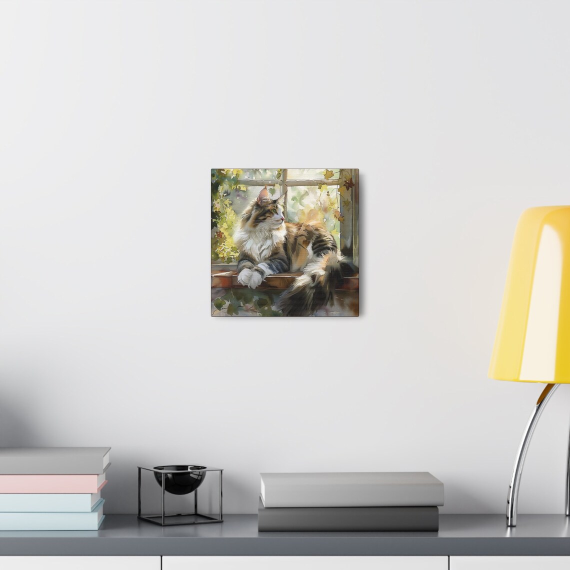 Fluffy Calico Cat Lounging on a Sunny Window Sill Scene Poster - Image 5