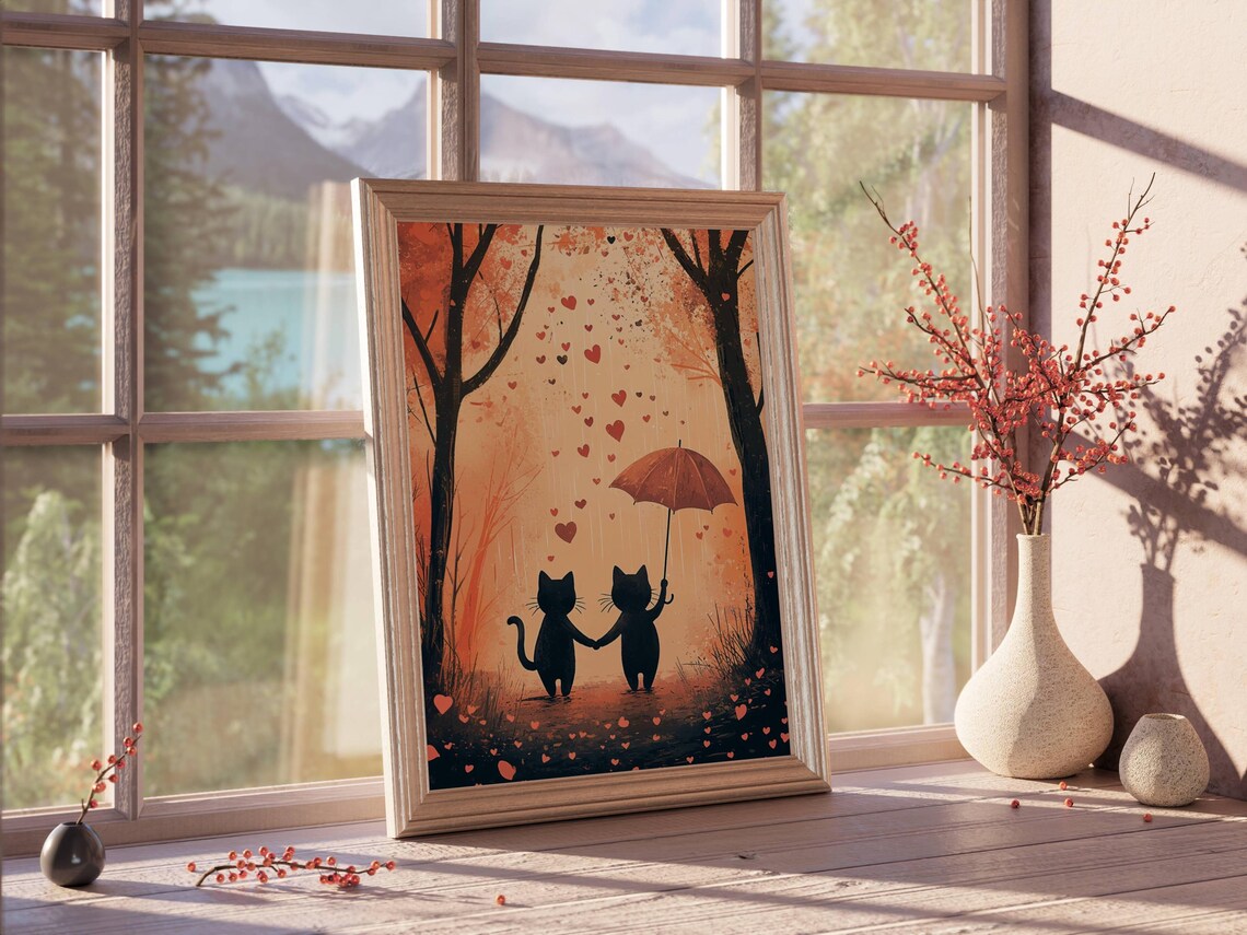 Cats In The Rain Valentine Art Print, Cute Cat Couple - Image 2