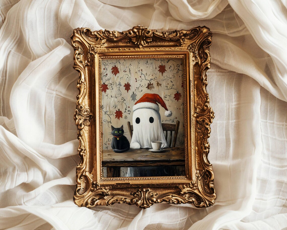 Christmas Ghost and Black Cat, Whimsigoth Art Print - Image 4