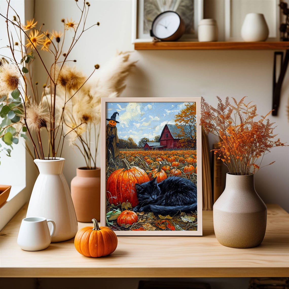 Black Cat Sleeping Among Pumpkins by a Red Barn Halloween Poster - Image 4