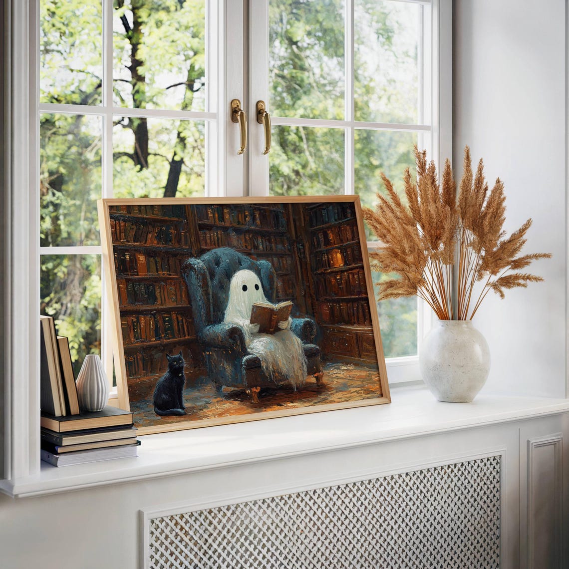Sweet Ghost Reading a Book in a Cozy Candlelit Library Armchair Poster - Image 4