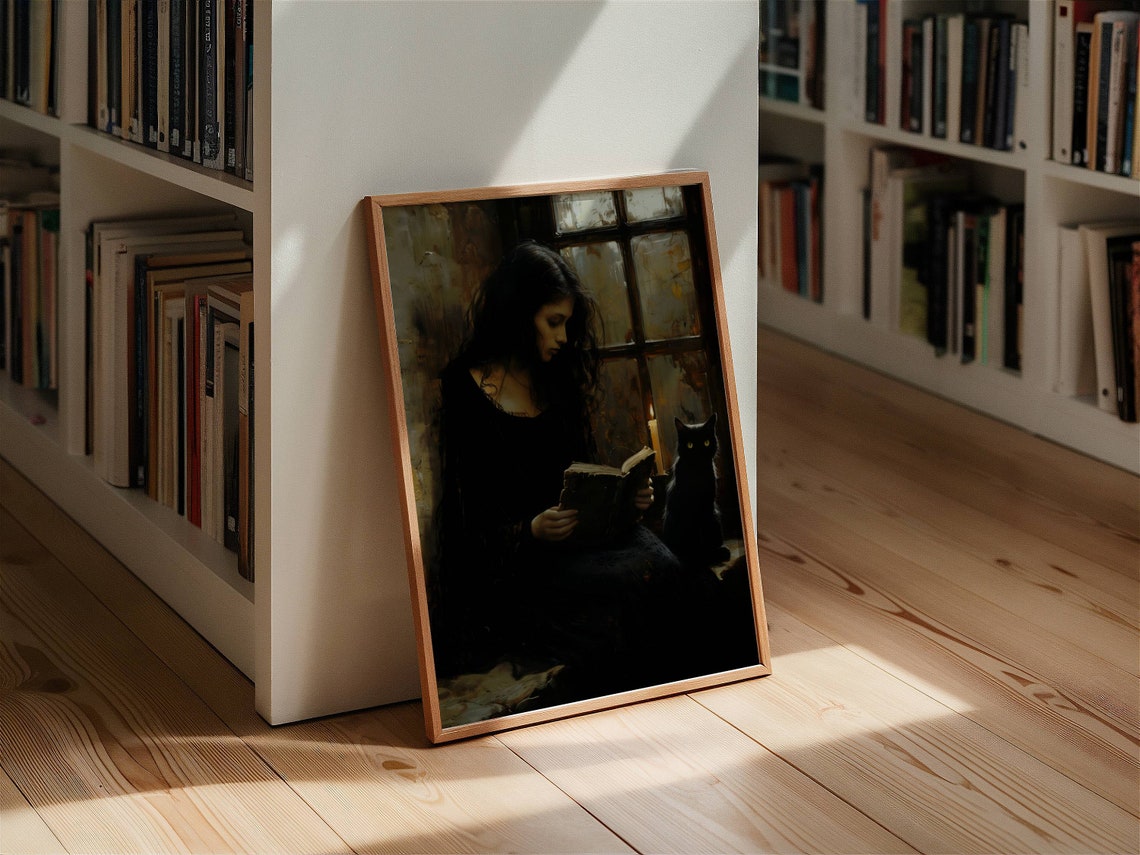 Woman Reading By Candlelight With Black Cat Dark Academia Poster - Image 6
