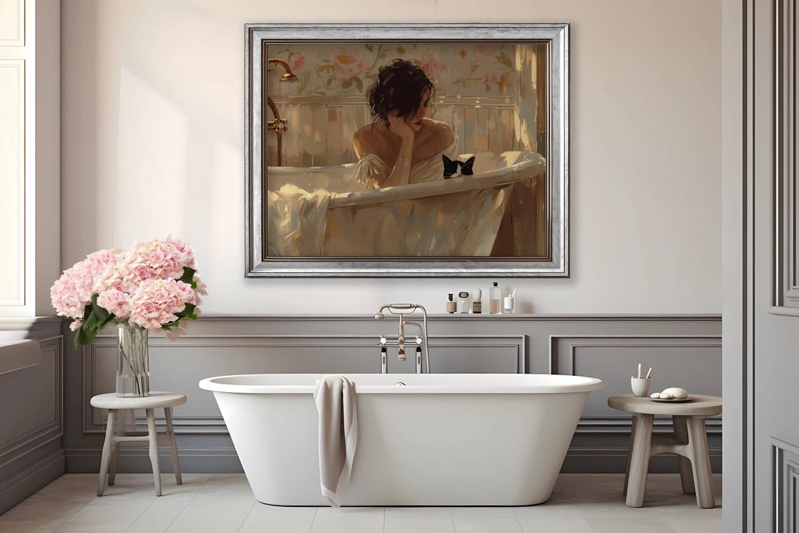 Woman Relaxing in a Bathtub With a Black and White Cat Poster - Image 4