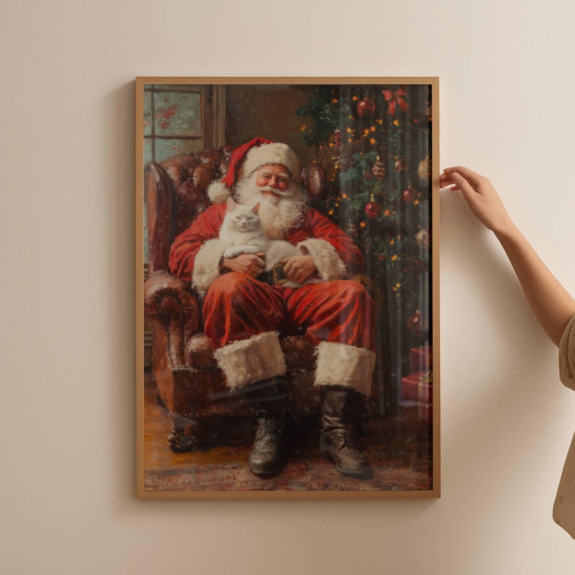 Santa and White Cat Christmas Holiday Art Print - Image 3