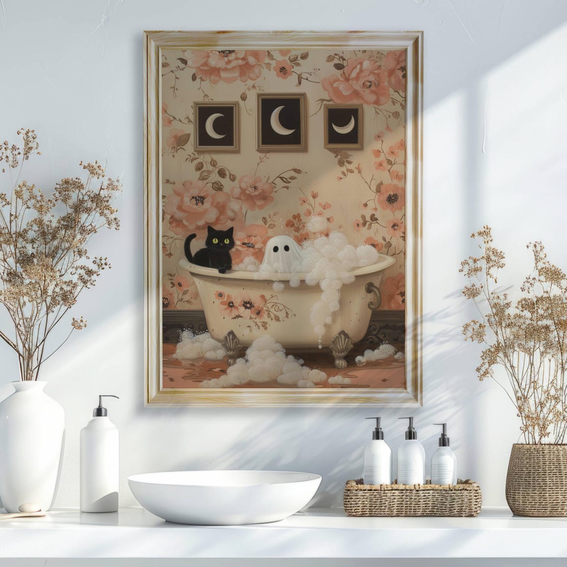 Cute Ghost and Black Cat Sharing a Floral Bubble Bath Halloween Poster - Image 2