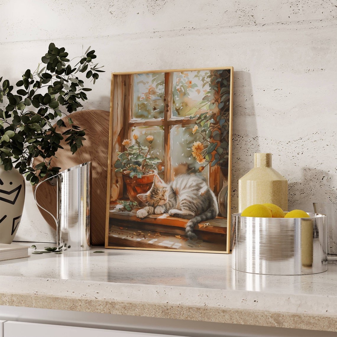Sleeping Gray Tabby Kitten On A Windowsill Watercolor Poster - Image 5