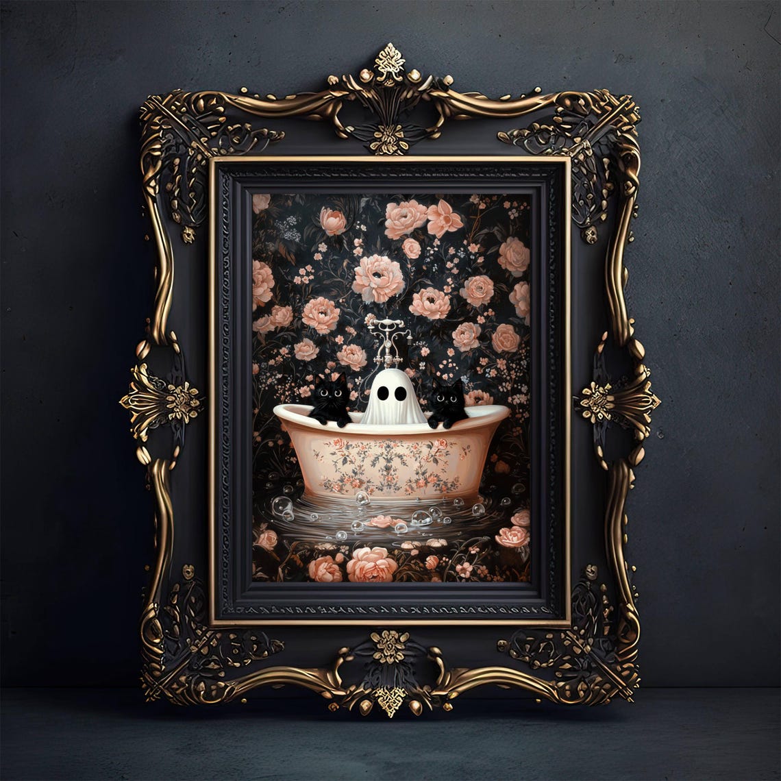 And Two Black Cats In Bathtub Poster Spooky Cute Bathroom Art Halloween Cat Wall Decor Witchy Ghostcore Print Unframed
