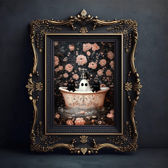 And Two Black Cats In Bathtub Poster Spooky Cute Bathroom Art Halloween Cat Wall Decor Witchy Ghostcore Print Unframed