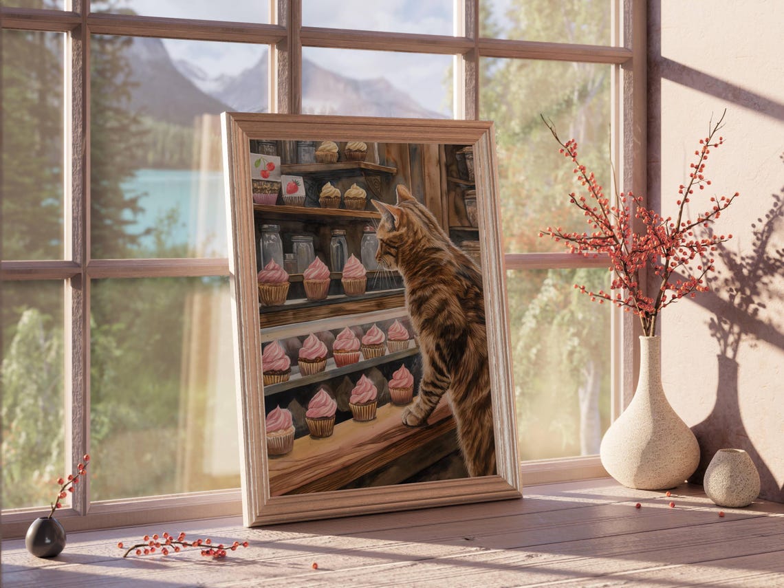 Tabby Cat Gazing at Pink Cupcakes in Bakery Display Watercolor Poster - Image 4