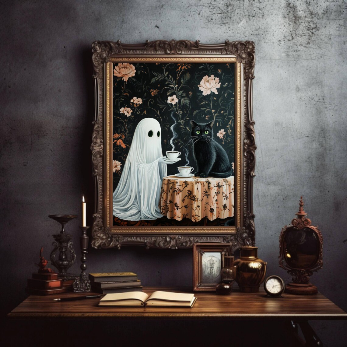 Coffee Time Ghost and Black Cat, Whimsigoth Poster - Image 2