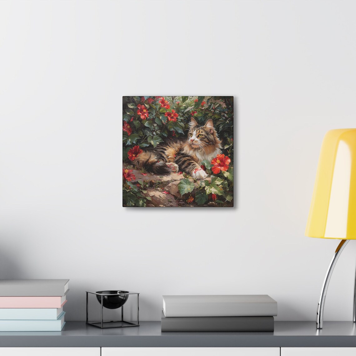 Long Haired Tabby Cat Resting Among Red Hibiscus Flowers Poster - Image 6