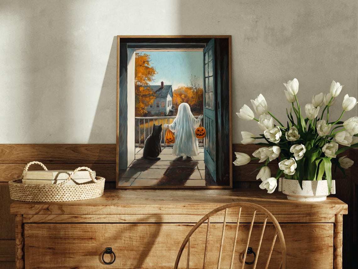 Ghost and Black Cat Trick or Treating on a Porch Halloween Poster - Image 2