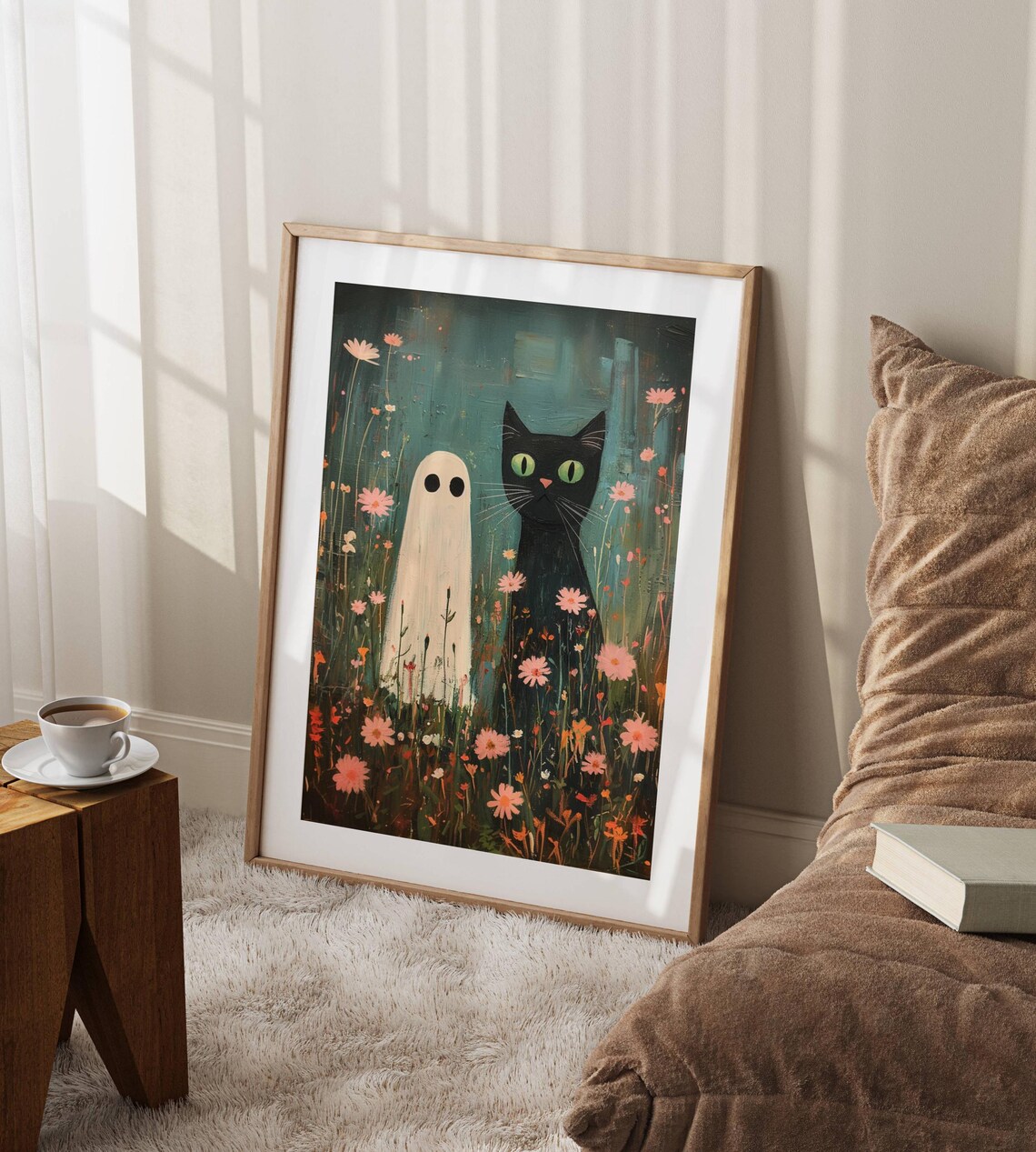 Sweet Ghost and Green-Eyed Black Cat Standing in a Wildflower Meadow Poster - Image 4