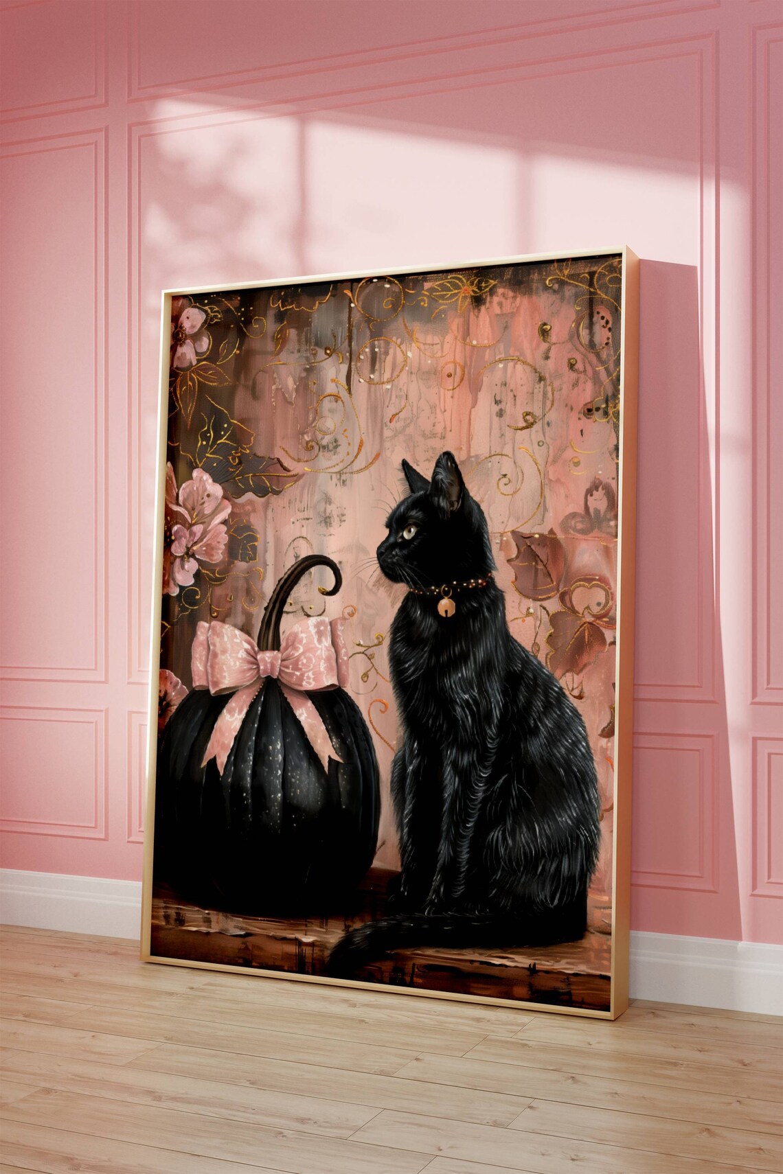 Coquette Black Cat and Pumpkin Halloween Art Print - Image 7