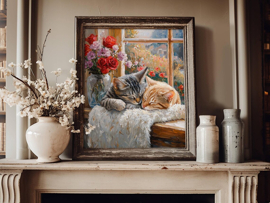 Tabby Cats In Window Floral Cat Art Print - Image 5