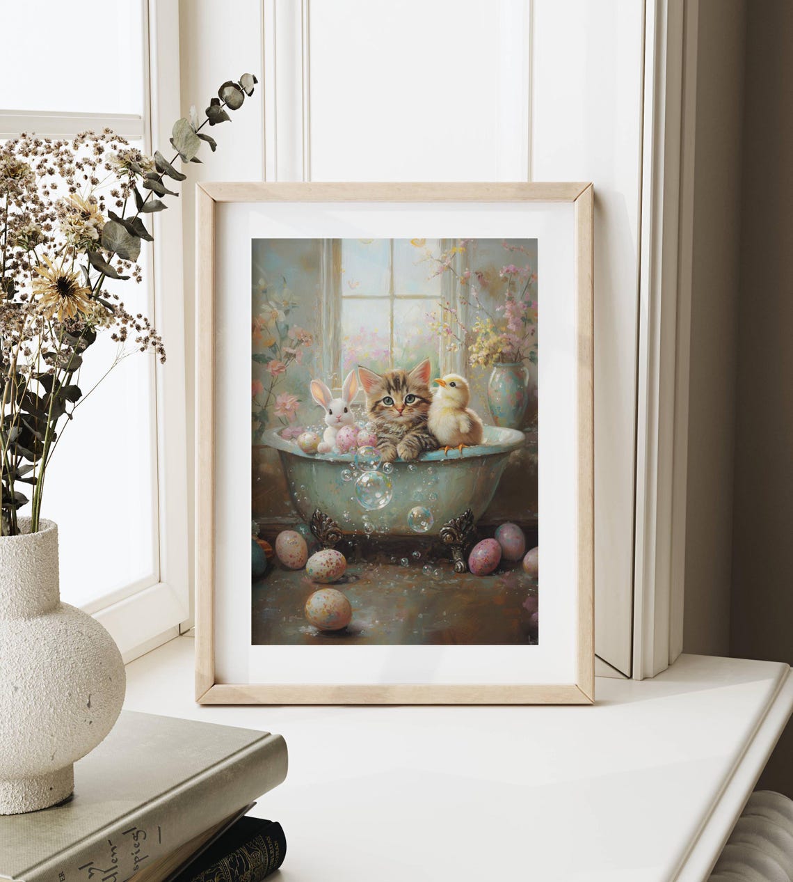 Tabby Kitten Bunny and Chick in a Floral Easter Bubble Bath Poster - Image 6