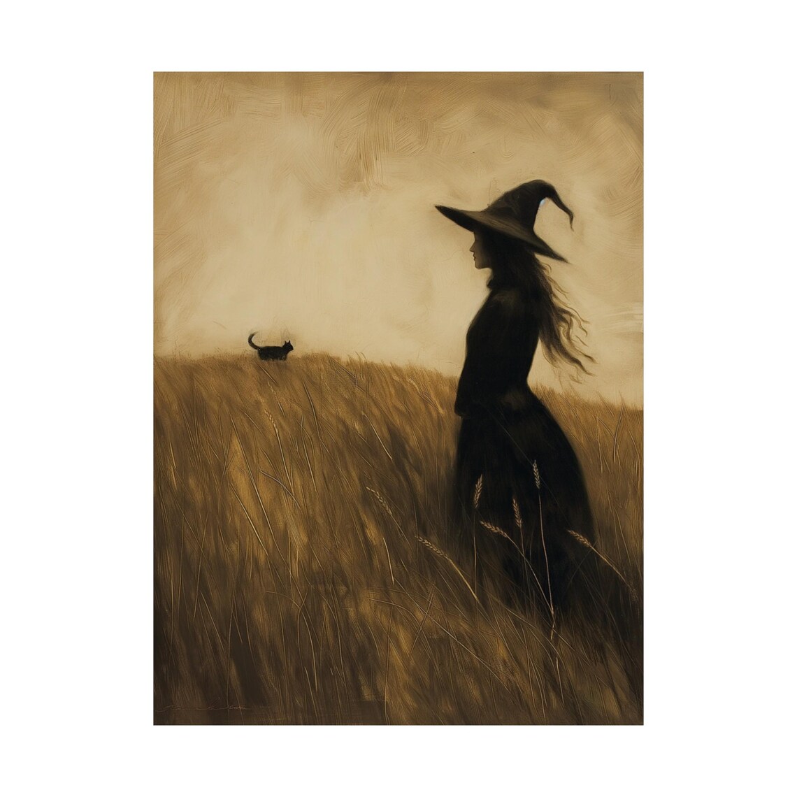 Witch In A Field With Black Cat, Halloween Art Print - Image 2