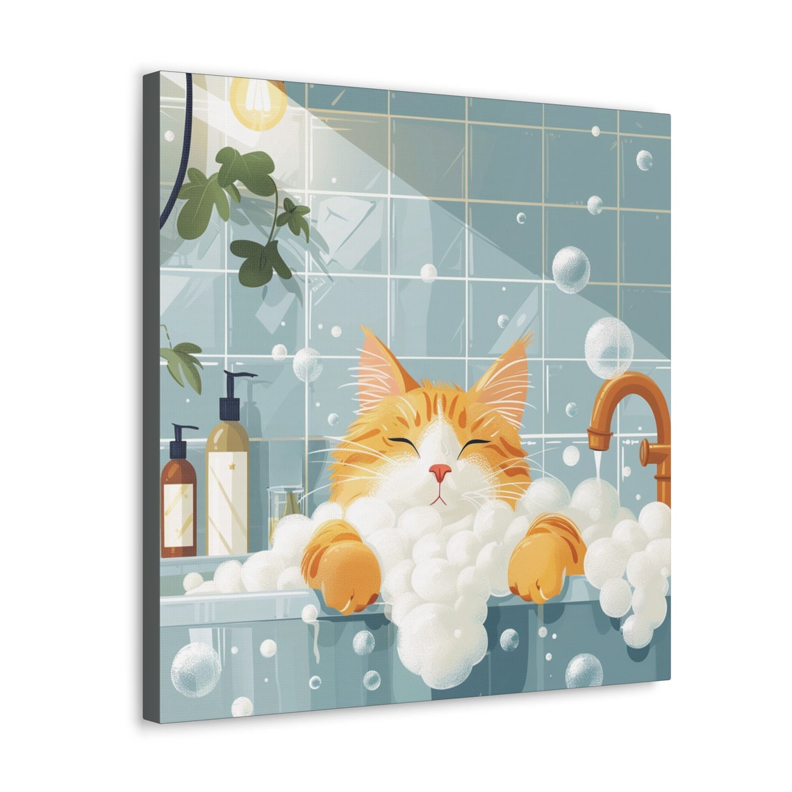 Contented Ginger Cat Relaxing in a Bubble Bath Cartoon Art Poster - Image 2