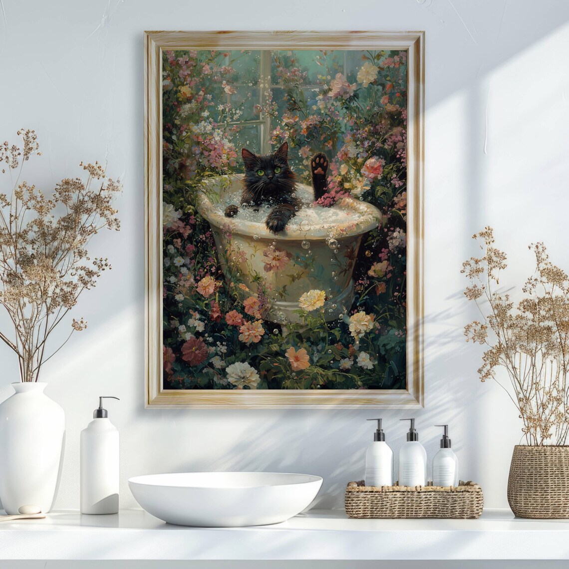 Black Cat In Garden Bubble Bath, Floral Cat Art Print - Image 3