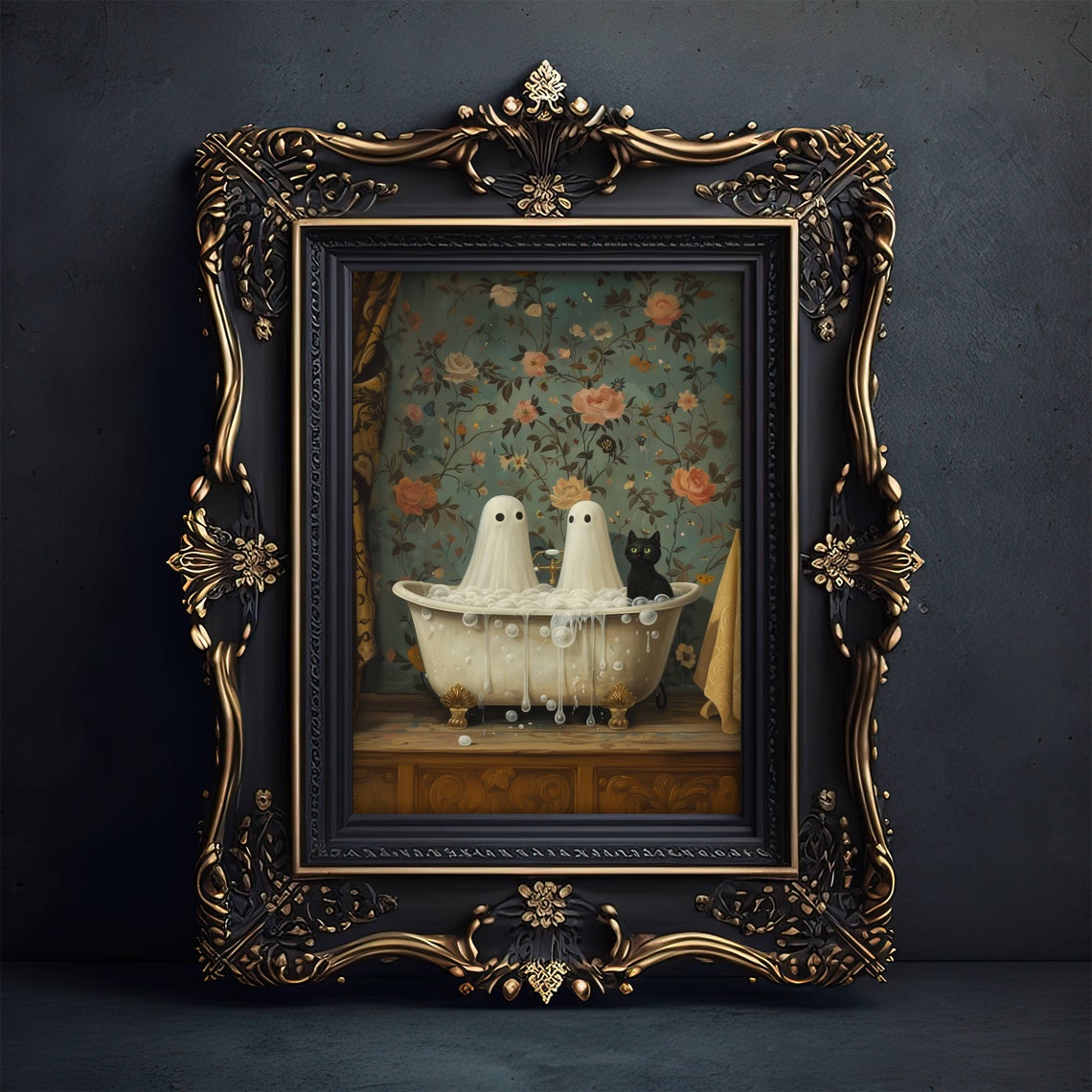 Two Cute Ghosts And A Black Cat In A Bubble Bath Whimsy Poster - Image 5