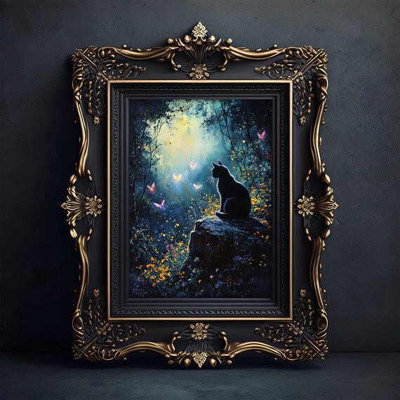 Mysterious Black Cat on a Mossy Rock in a Moonlit Enchanted Blue Forest Poster