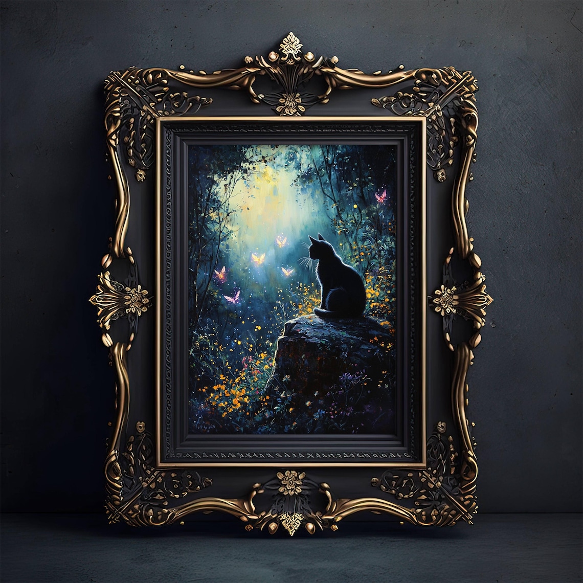 Mysterious Black Cat on a Mossy Rock in a Moonlit Enchanted Blue Forest Poster