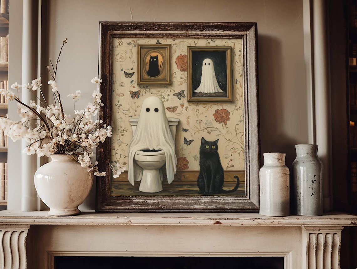 Ghost And Cat Bathroom Poster Print, Whimsical Pet Art - Image 5