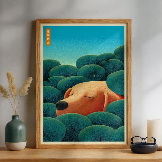 Japanese Golden Retriever Poster Print Japandi Sleeping Dog Wall Art Blue Bedroom Decor