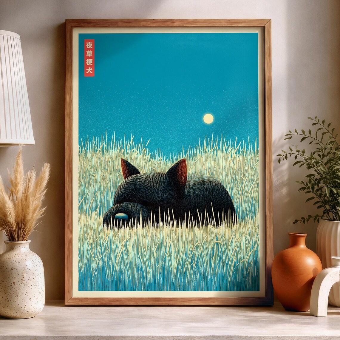 Japanese Scottish Terrier Poster Print Sleeping Scottie Decor Japandi Dog Wall Art