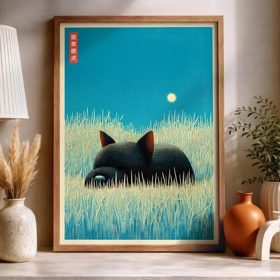 Japanese Scottish Terrier Poster Print Sleeping Scottie Decor Japandi Dog Wall Art