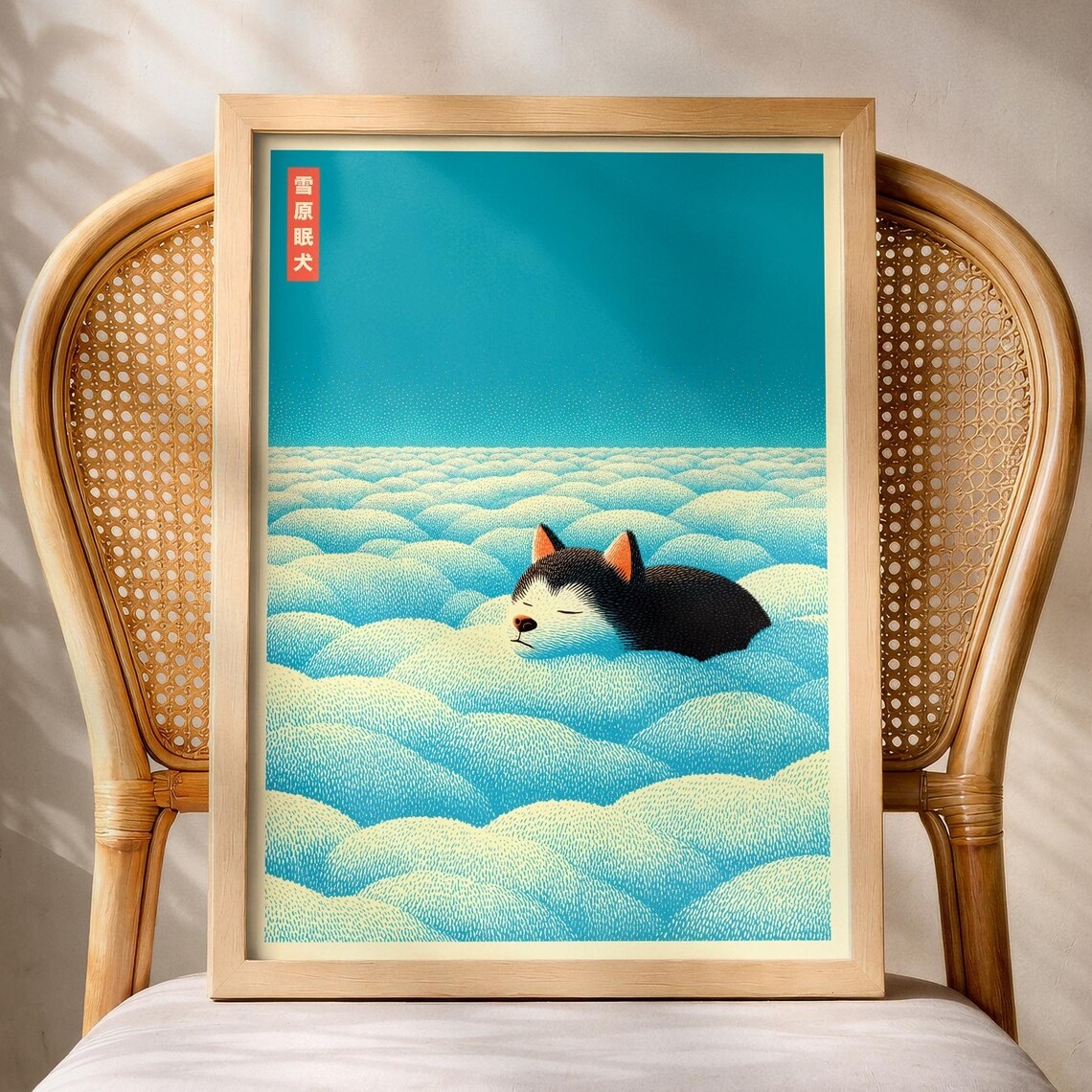 Japanese Siberian Husky Poster Print Japandi Sleeping Dog Wall Art Winter Blue Decor