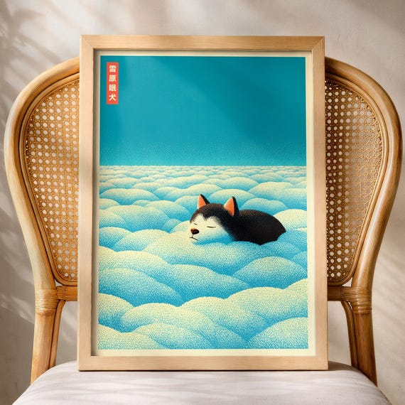 Japanese Siberian Husky Poster Print Japandi Sleeping Dog Wall Art Winter Blue Decor