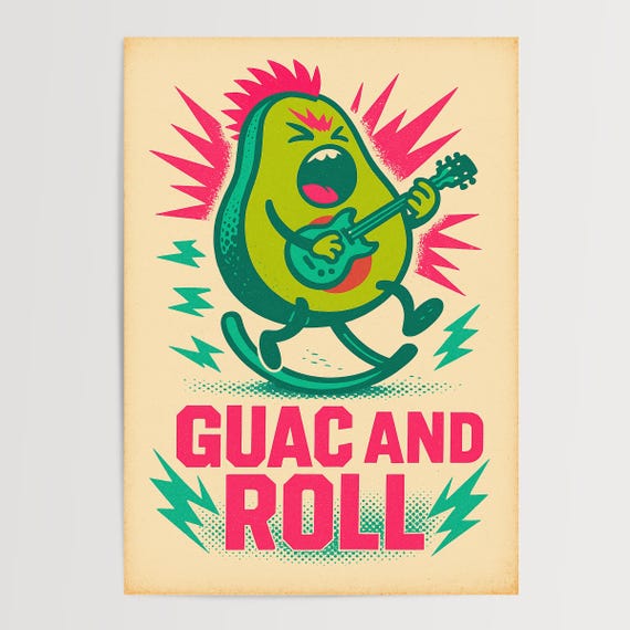 Guac And Roll Avocado Poster Funny Retro Rock Music Kitchen Art