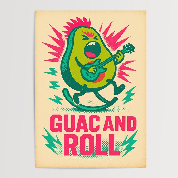 Guac And Roll Punk Avocado Rock Guitar Player Funny Kitchen Poster