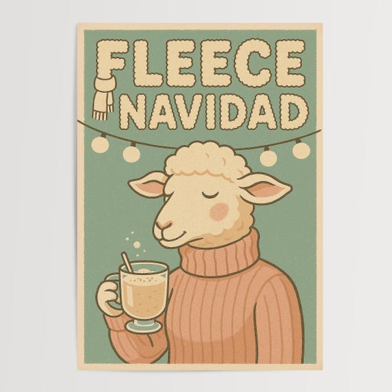 Fleece Navidad Christmas Poster Funny Sheep Drinking Eggnog Retro Holiday Print
