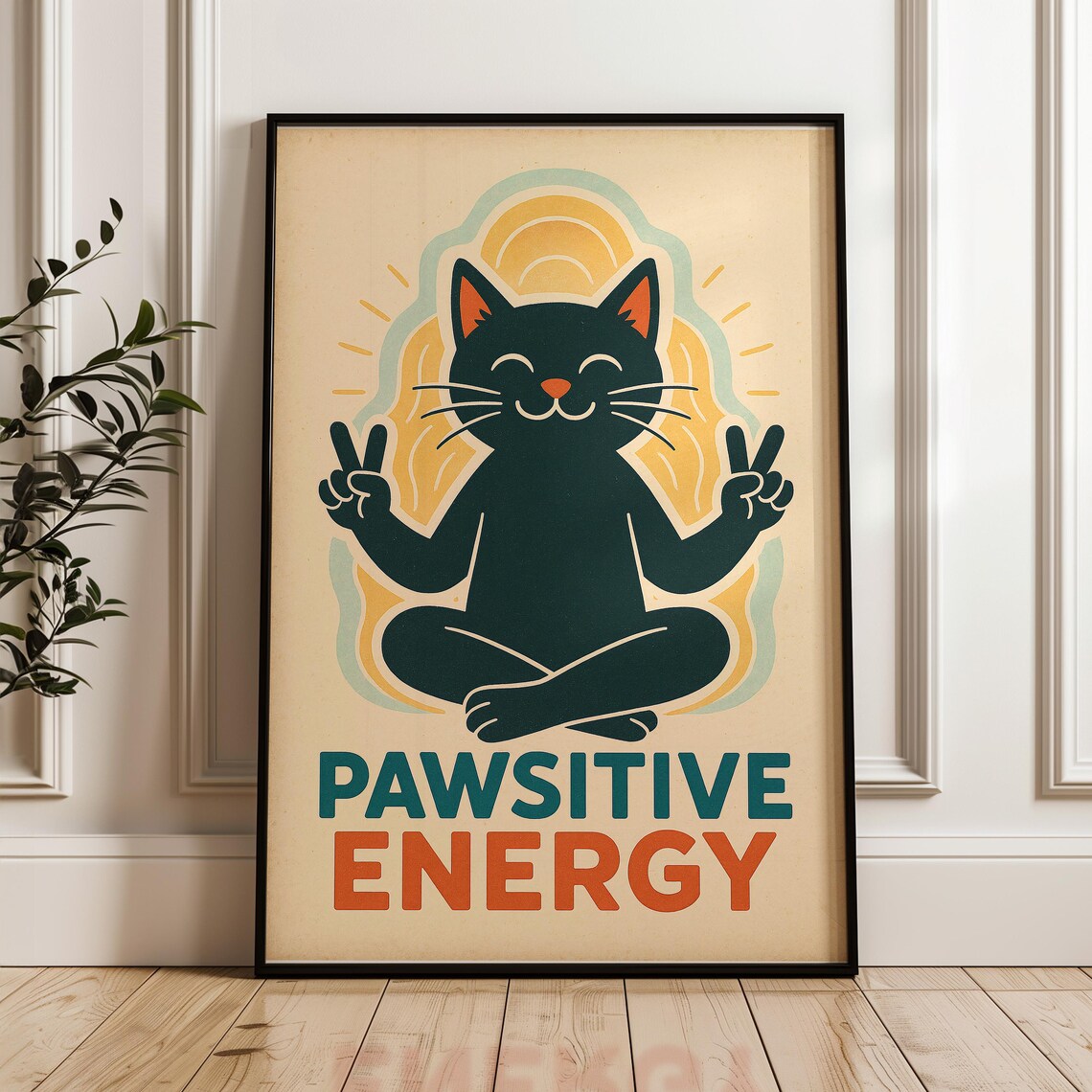 Meditating Cat Retro Zen Pawsitive Energy Poster