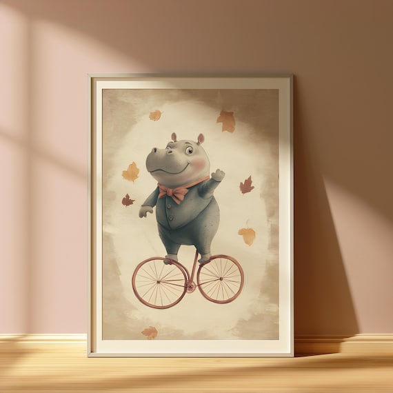 Cute Smiling Hippo In Bow Tie Riding A Bicycle Nursery Wall Poster