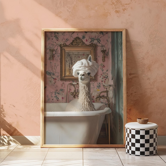 Funny Llama Bathroom Wall Art Animal In Bathtub Print Humorous Decor Prints Vintage
