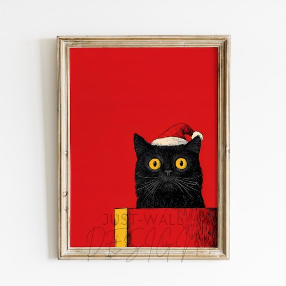 Black Cat Christmas, Funny Holiday Decor Art Print