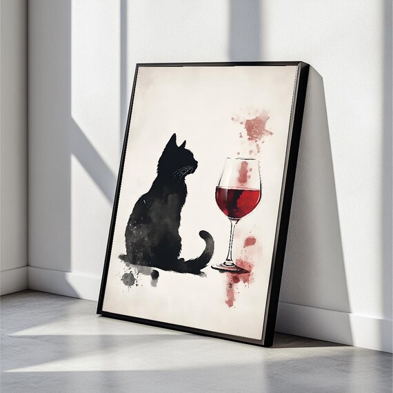 Black Cat Silhouette With Red Wine Glass Minimalist Ink Art Poster