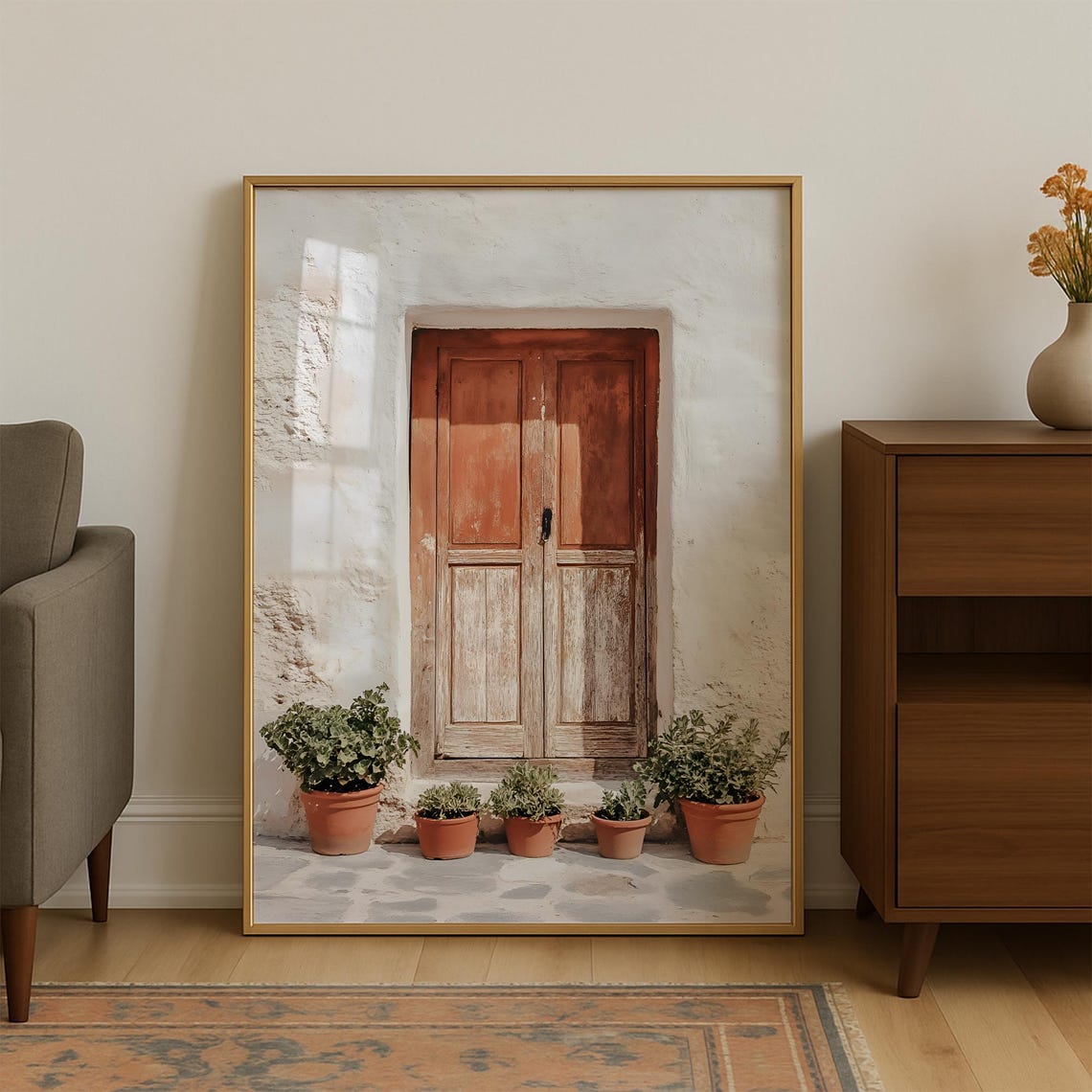Weathered Red Wooden Door with Potted Plants Rustic Wall Poster