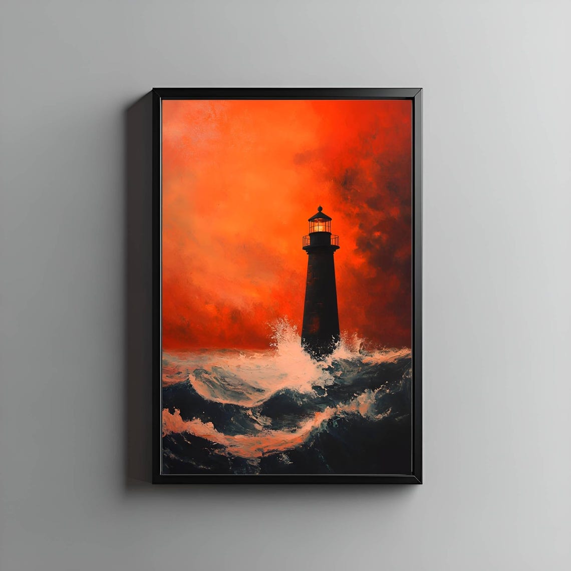 Lighthouse Standing in Stormy Waves Under a Fiery Red Sunset Poster
