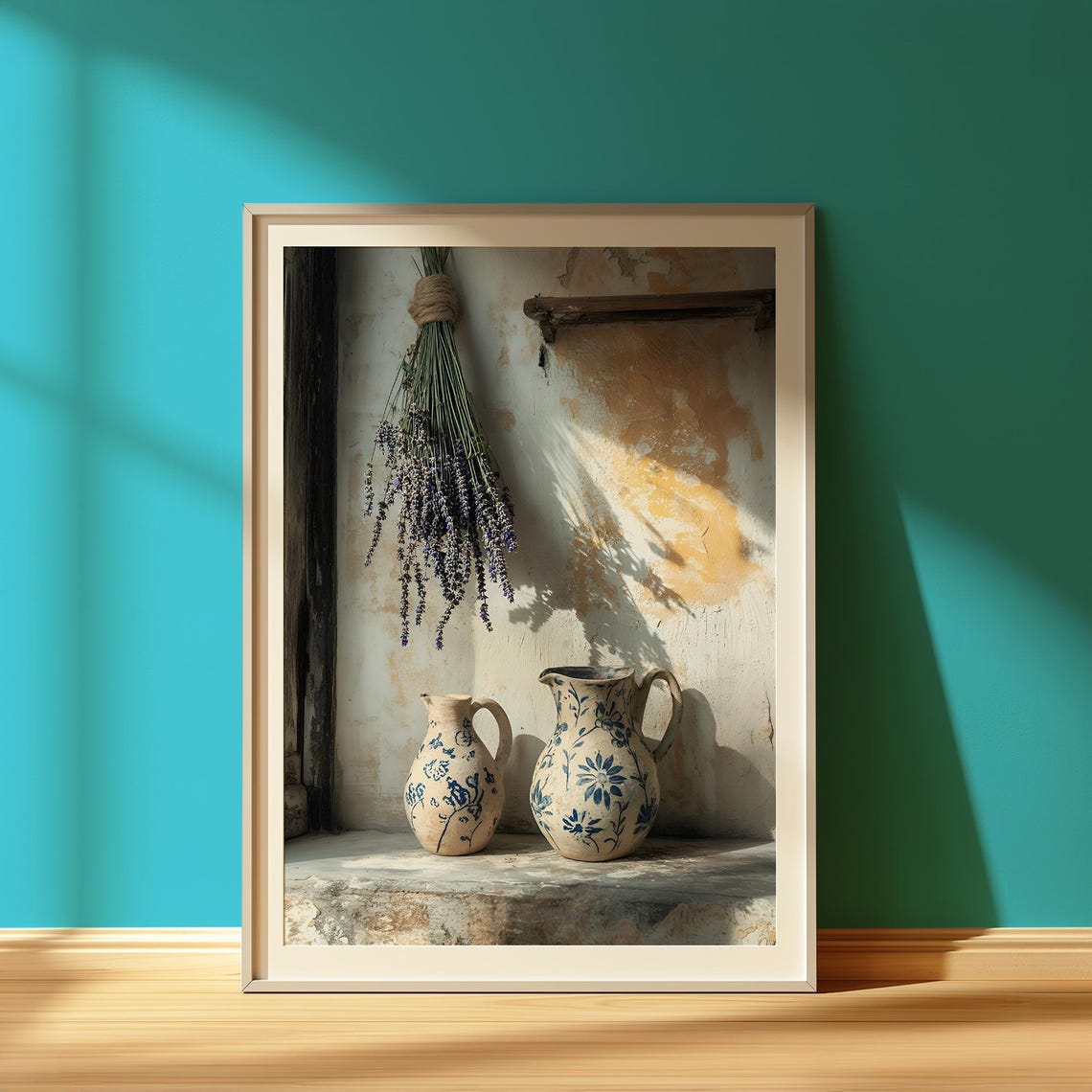 Vintage Blue Floral Pottery Jugs With Dried Lavender Still Life Poster
