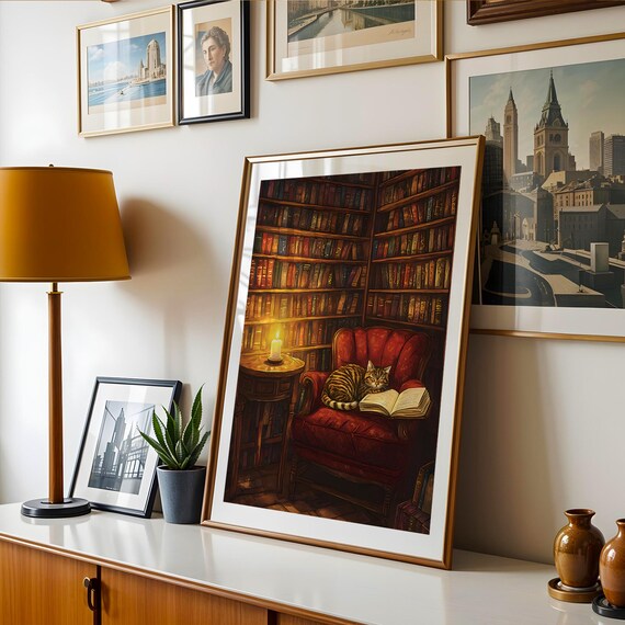 Tabby Cat Asleep on an Open Book in a Cozy Candlelit Library Poster
