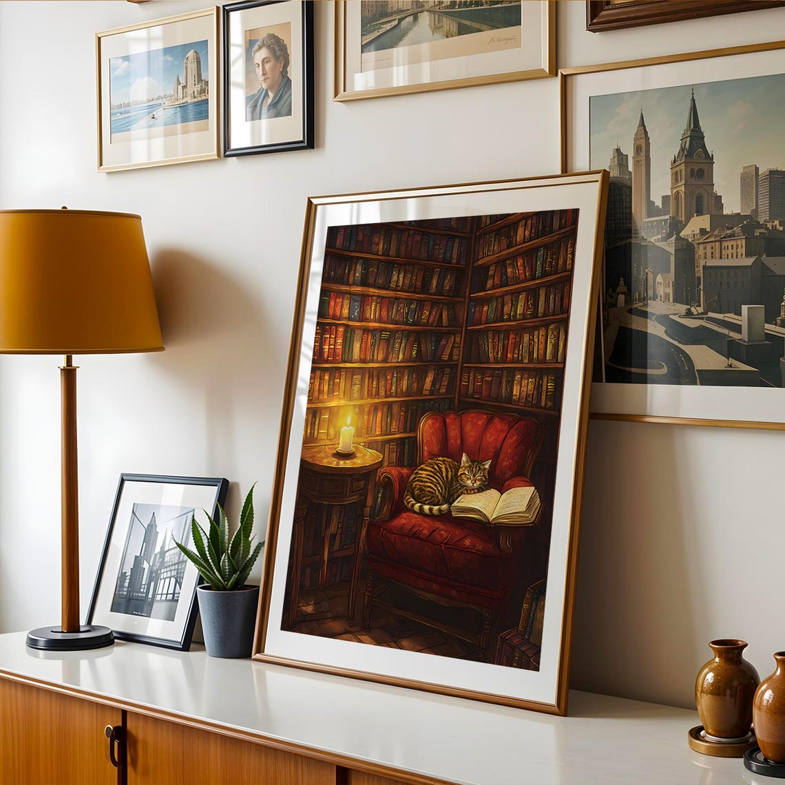 Tabby Cat Asleep on an Open Book in a Cozy Candlelit Library Poster